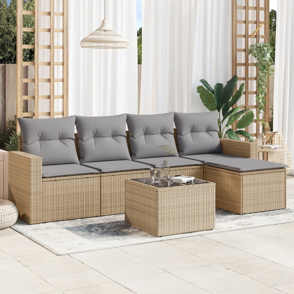 Salon de jardin avec coussins 6 pcs beige résine tressée