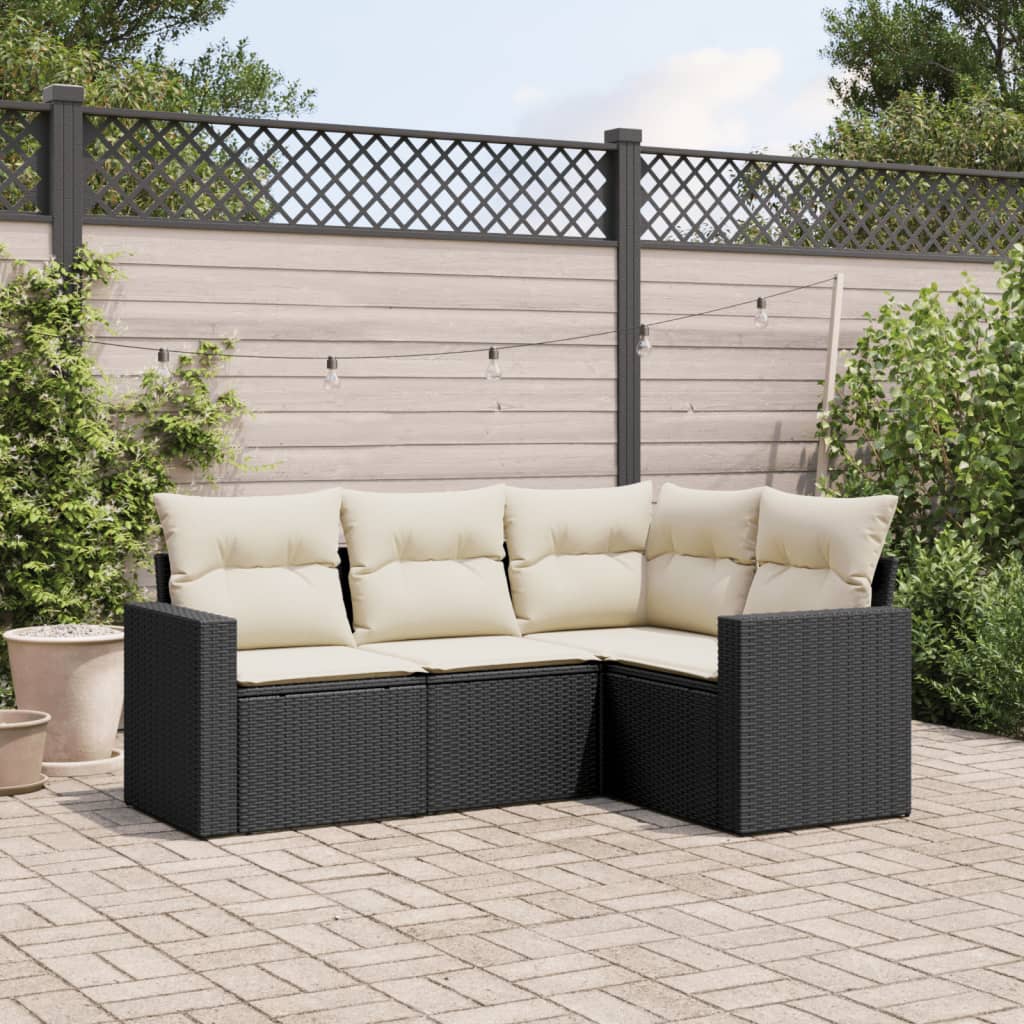 Salon de jardin 4 pcs avec coussins noir résine tressée