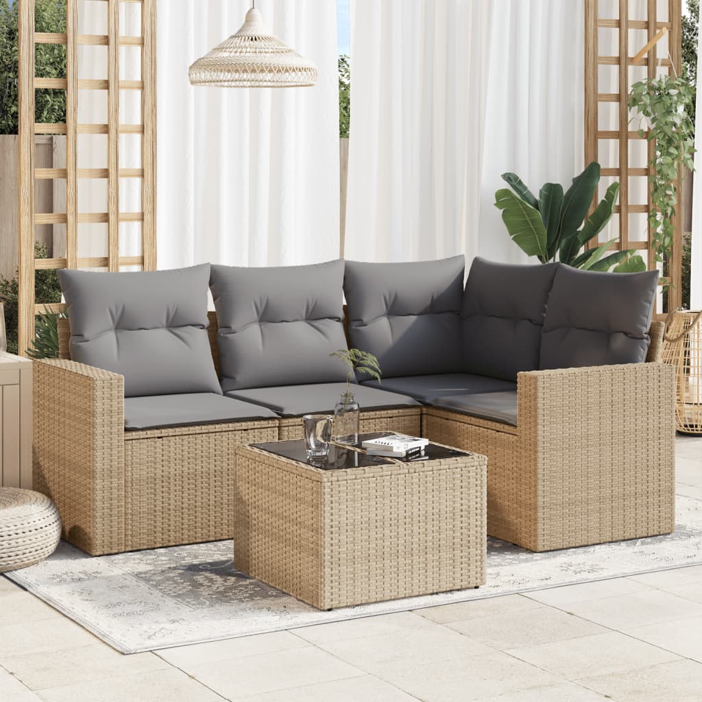 Salon de jardin avec coussins 5 pcs beige résine tressée