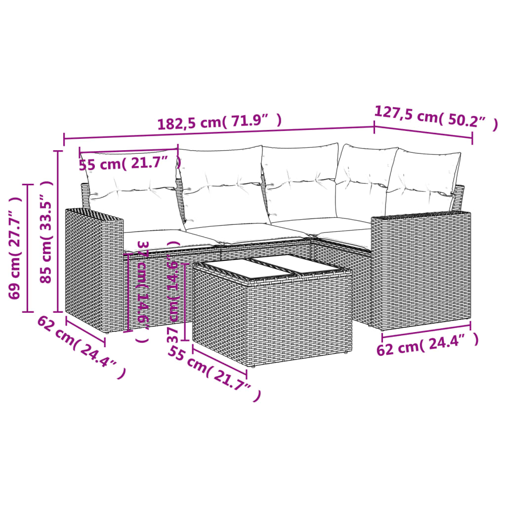 Salon de jardin 5 pcs avec coussins gris résine tressée