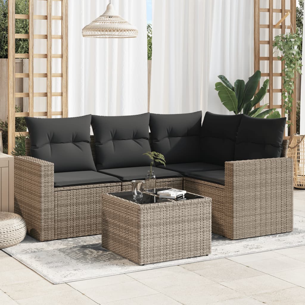 Salon de jardin 5 pcs avec coussins gris résine tressée