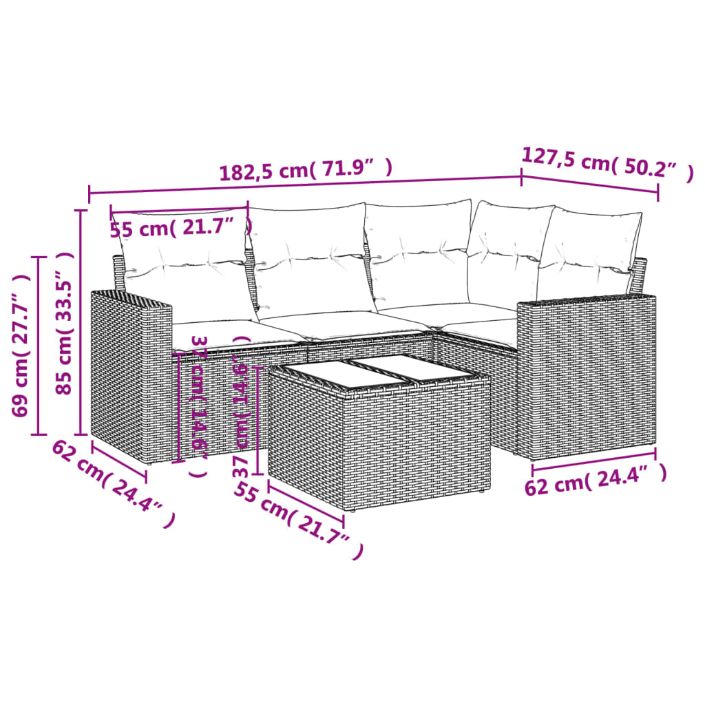 Salon de jardin avec coussins 5 pcs marron résine tressée