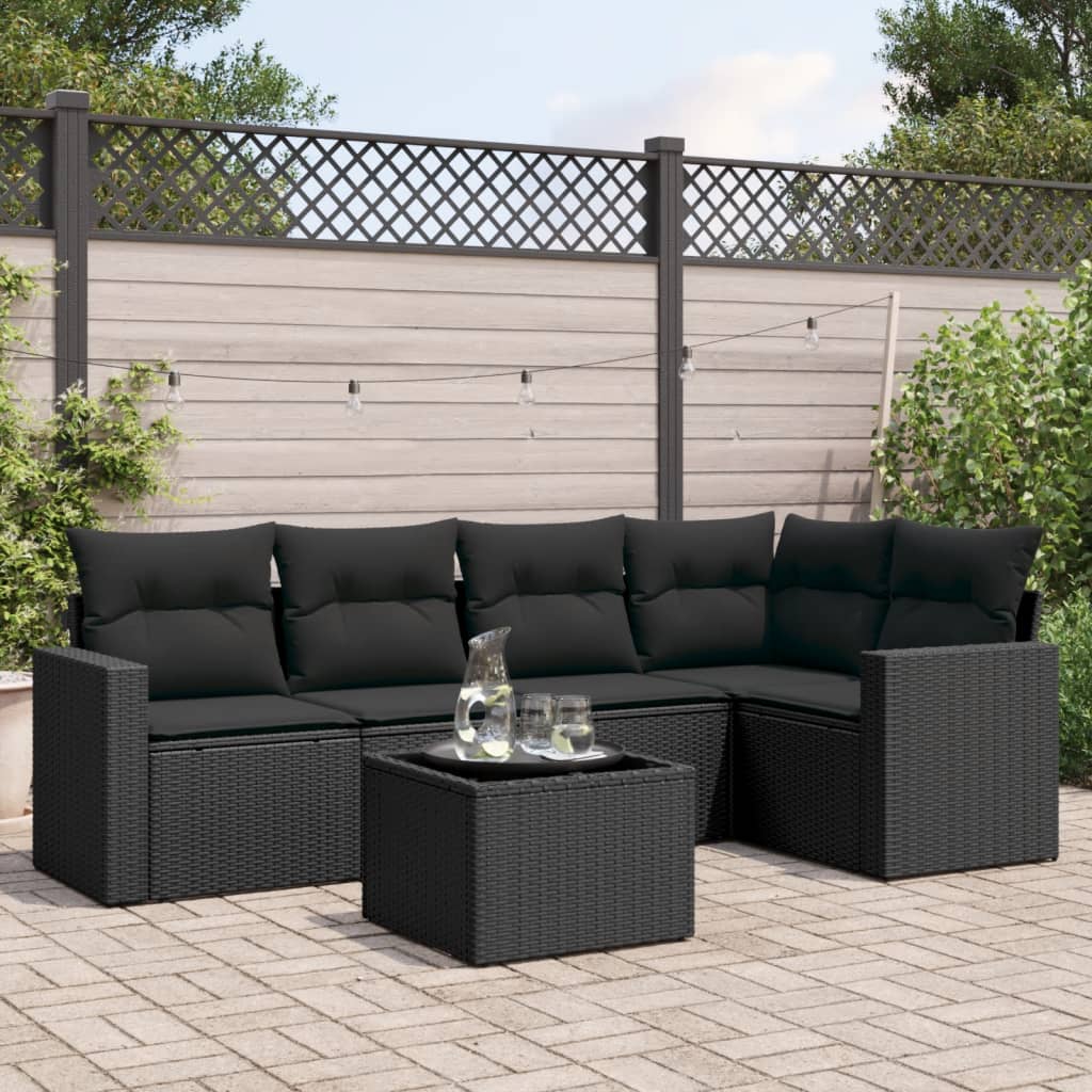 Salon de jardin 6 pcs avec coussins noir résine tressée