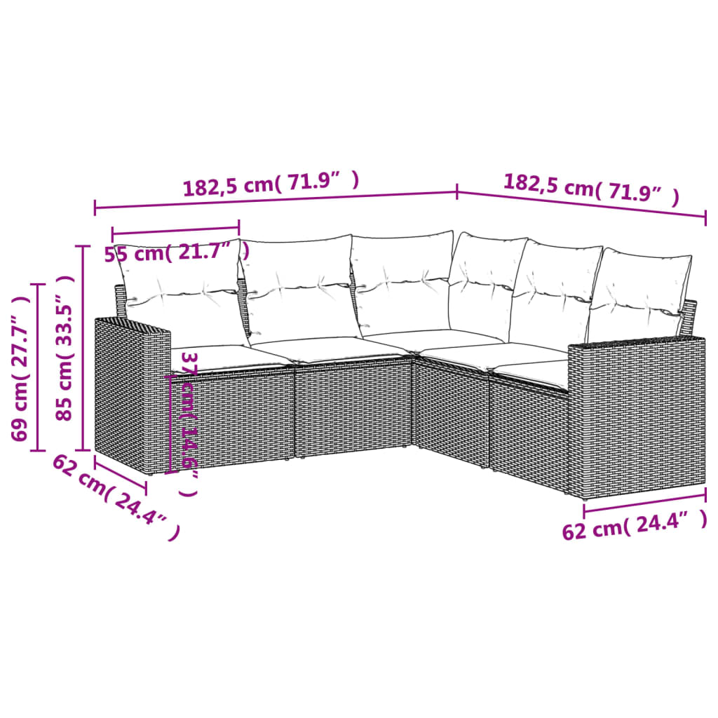 Salon de jardin avec coussins 5 pcs marron résine tressée