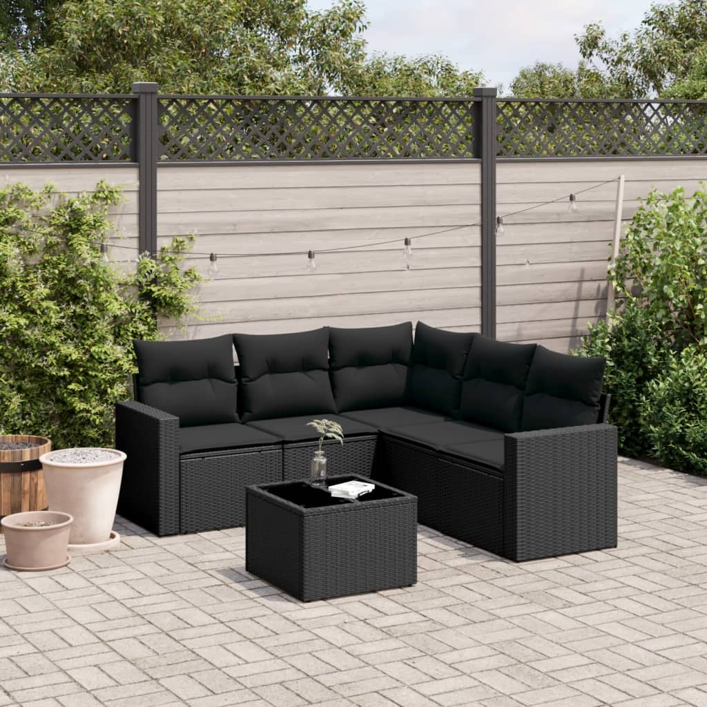 Salon de jardin 6 pcs avec coussins noir résine tressée