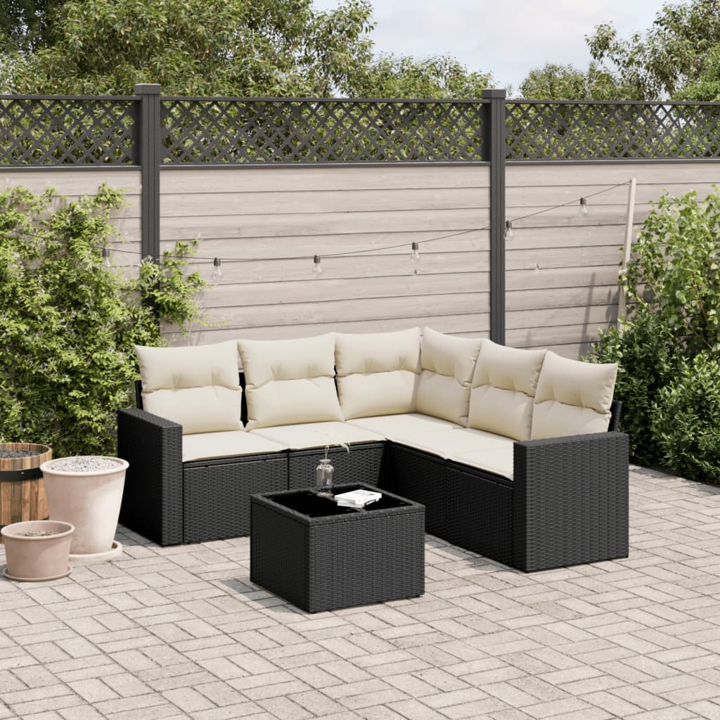 Salon de jardin 6 pcs avec coussins noir résine tressée