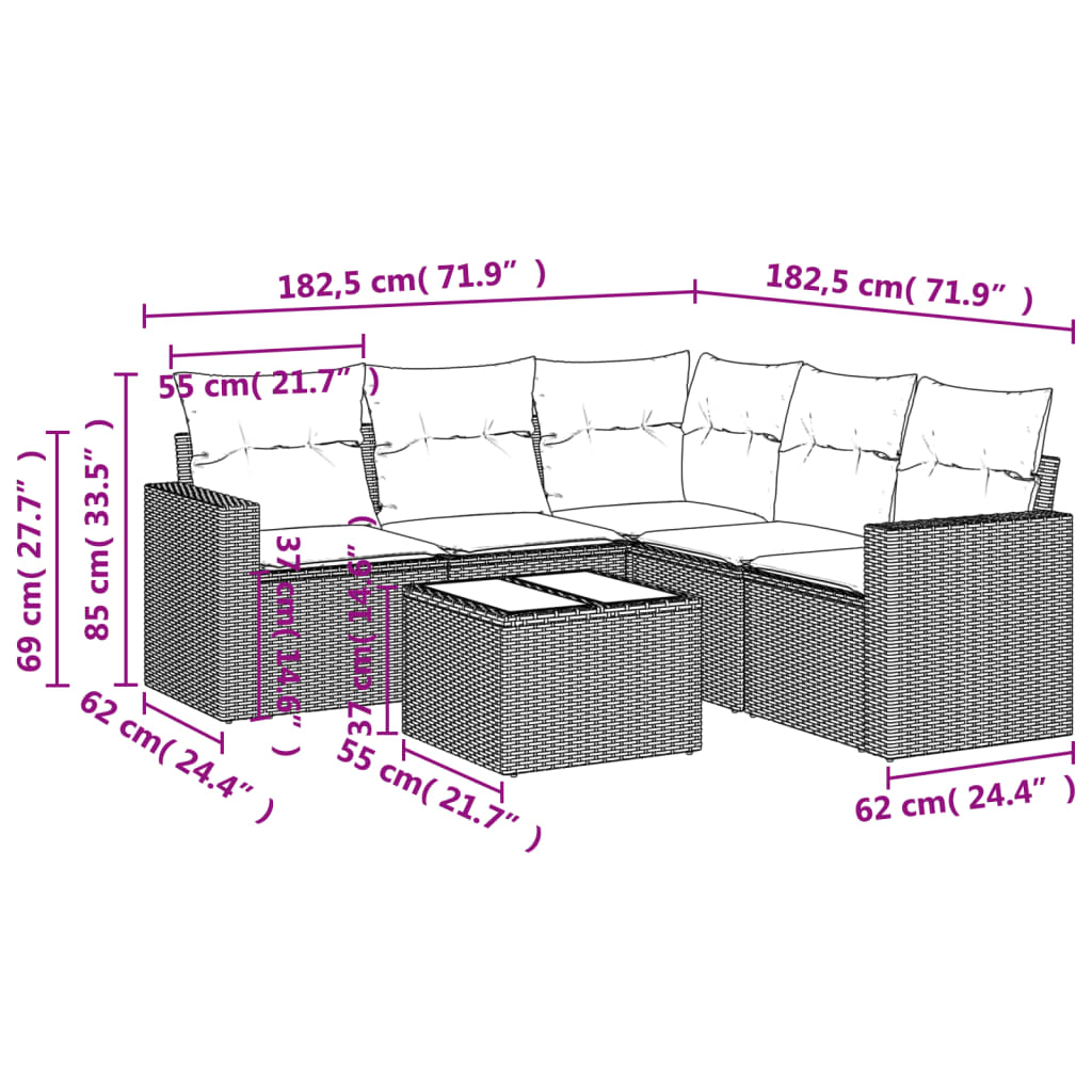 Salon de jardin 6 pcs avec coussins gris résine tressée