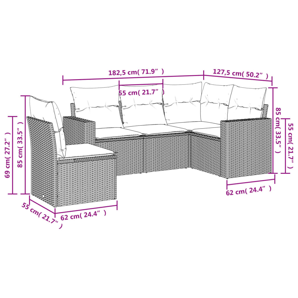 Salon de jardin avec coussins 5 pcs marron résine tressée