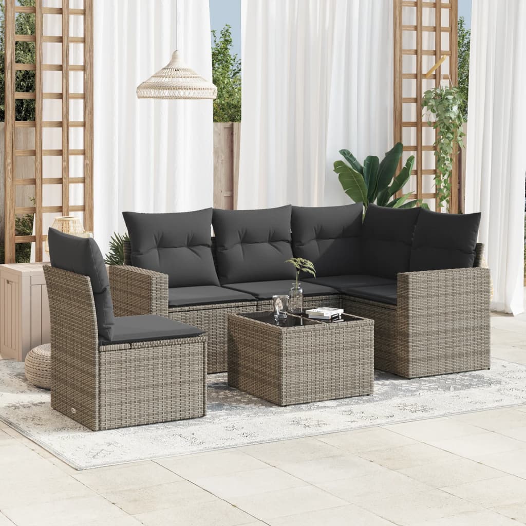 Salon de jardin 6 pcs avec coussins gris résine tressée