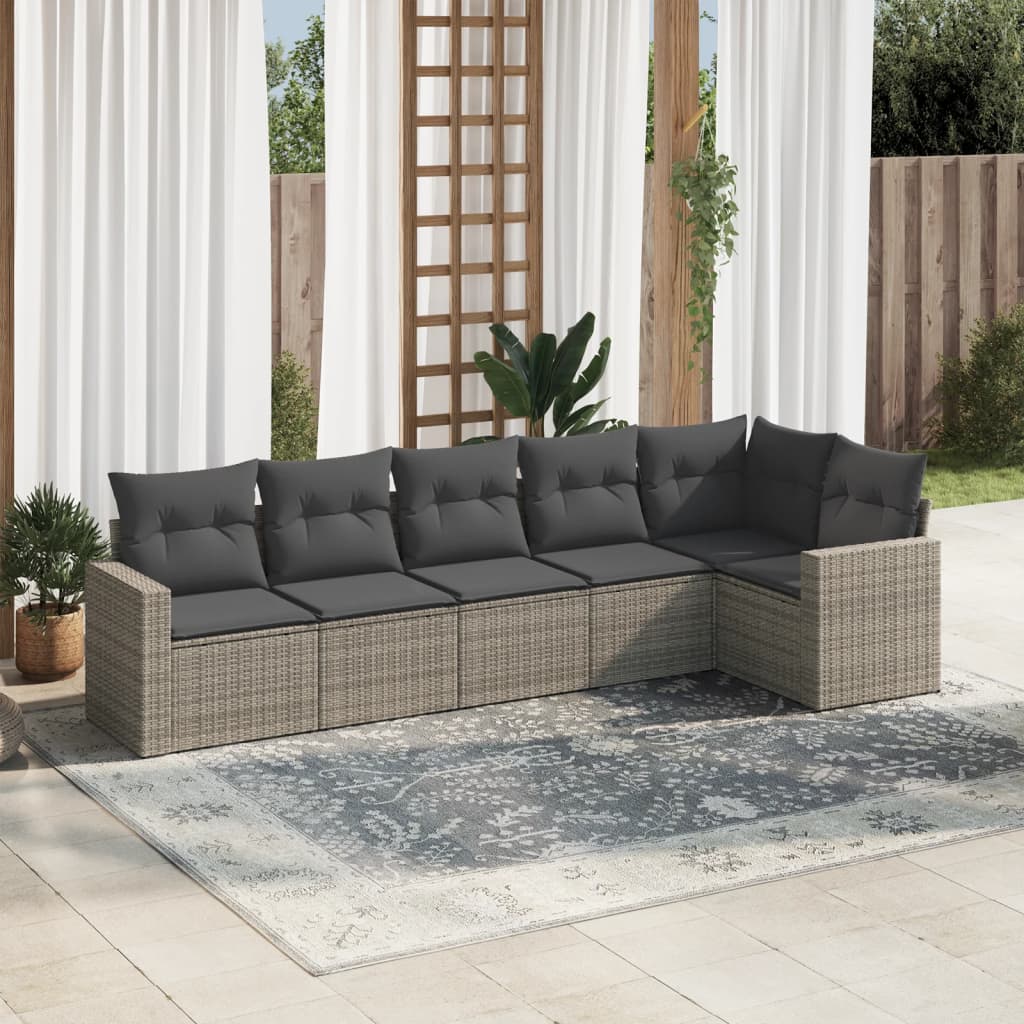 Salon de jardin 6 pcs avec coussins gris résine tressée