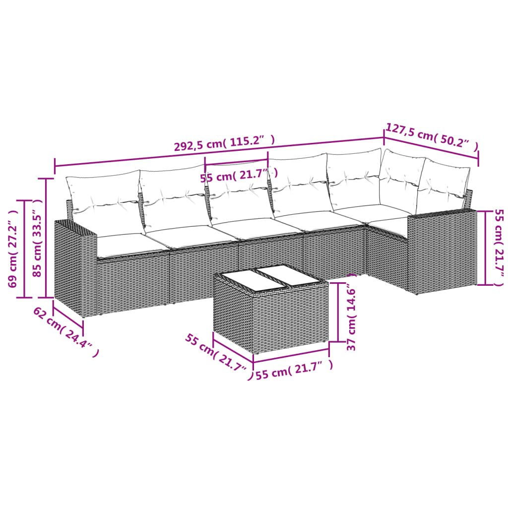 Salon de jardin avec coussins 7 pcs gris résine tressée