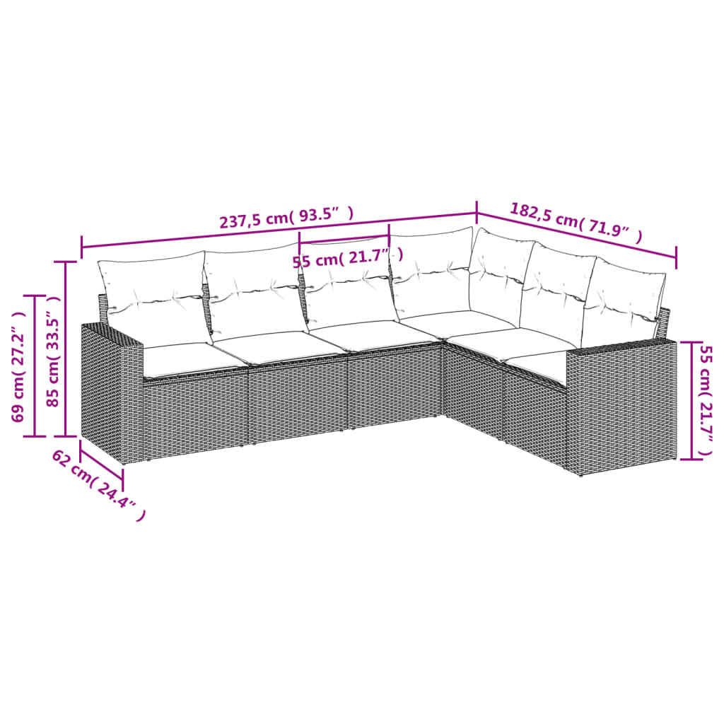 Salon de jardin avec coussins 6 pcs marron résine tressée