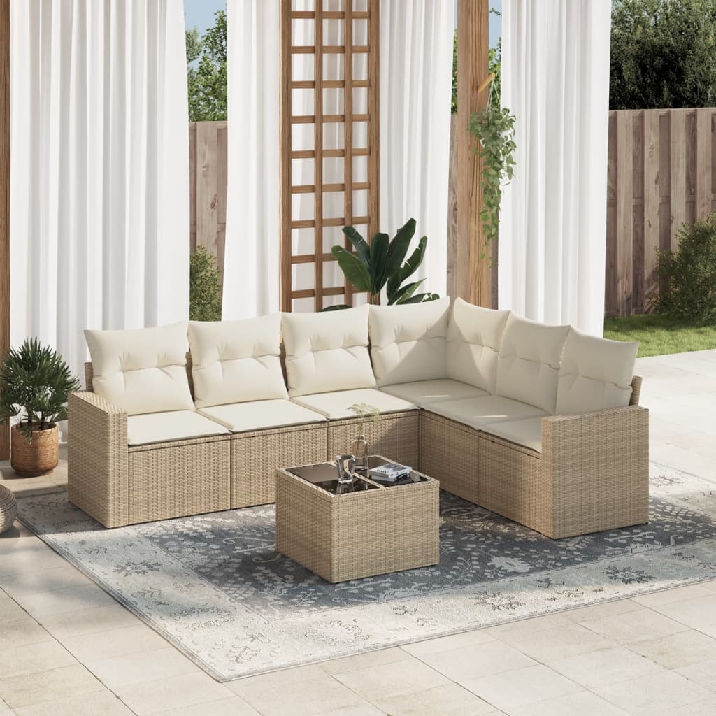 Salon de jardin avec coussins 7 pcs beige résine tressée