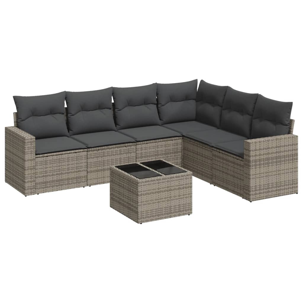 Salon de jardin avec coussins 7 pcs gris résine tressée