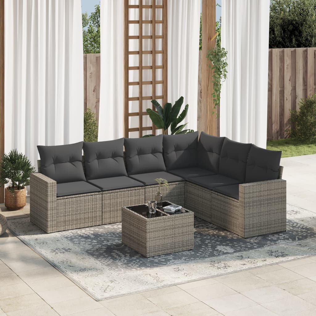 Salon de jardin avec coussins 7 pcs gris résine tressée