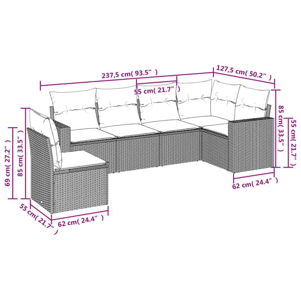 Salon de jardin avec coussins 6 pcs marron résine tressée