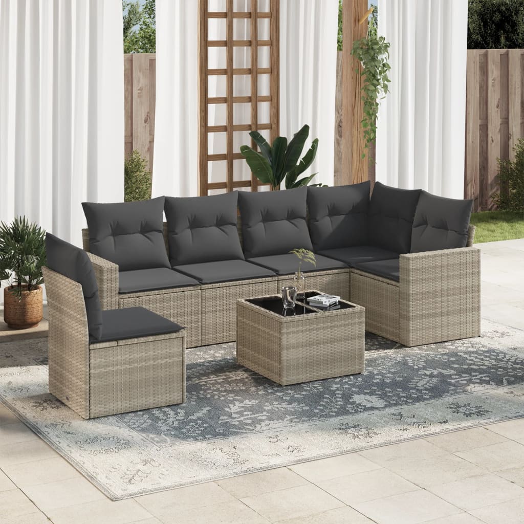 Salon de jardin avec coussins 7 pcs gris clair résine tressée