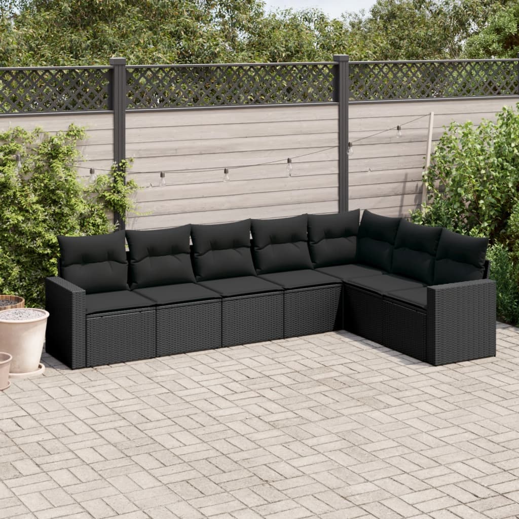 Salon de jardin 7 pcs avec coussins noir résine tressée