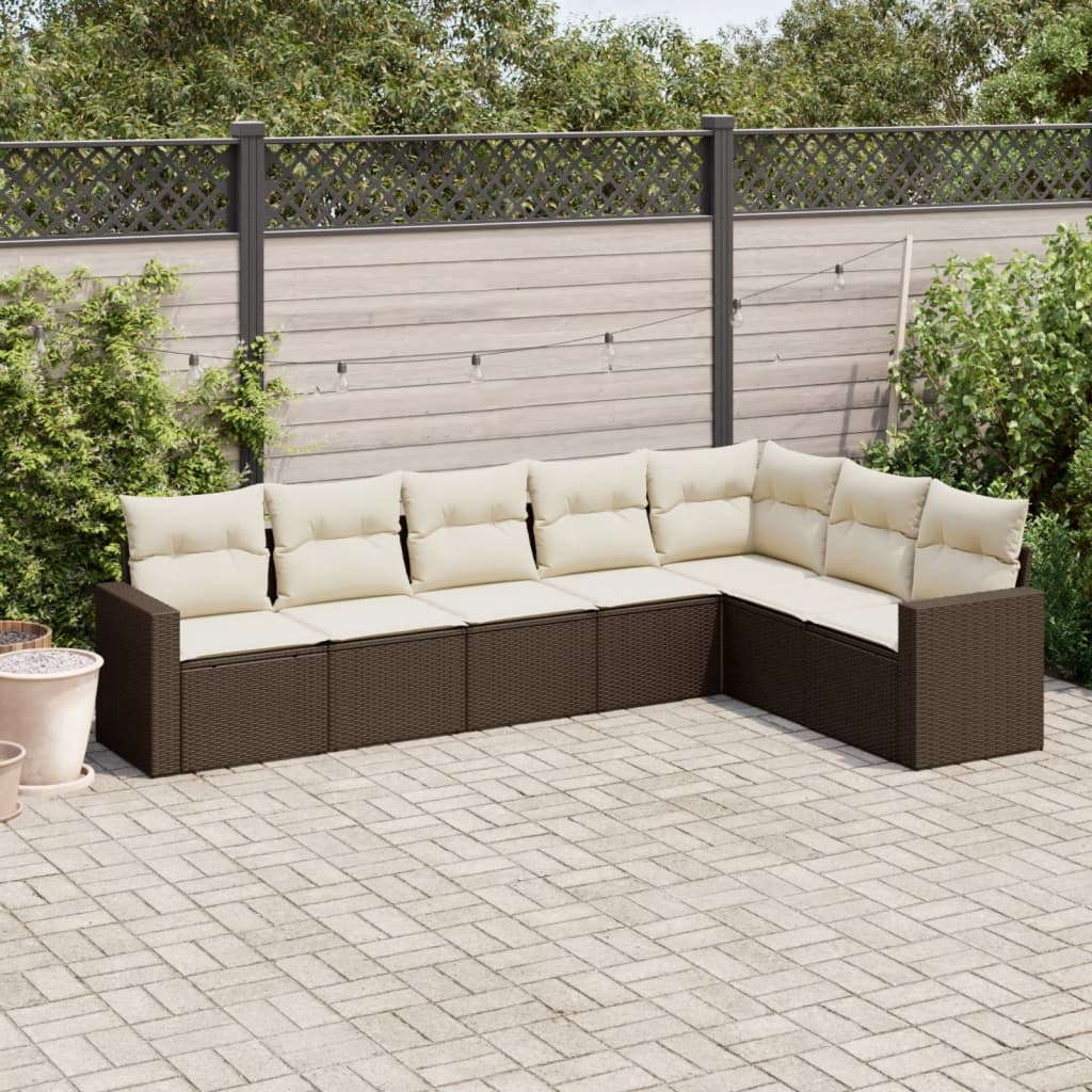 Salon de jardin avec coussins 7 pcs marron résine tressée