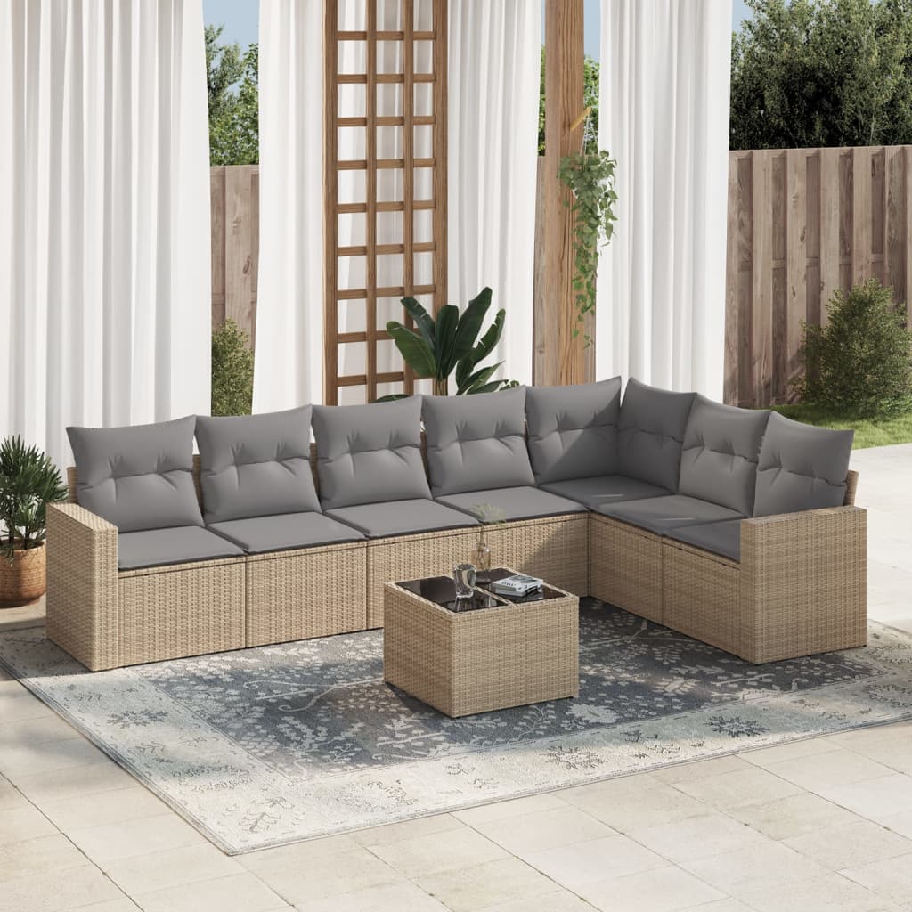 Salon de jardin avec coussins 8 pcs beige résine tressée