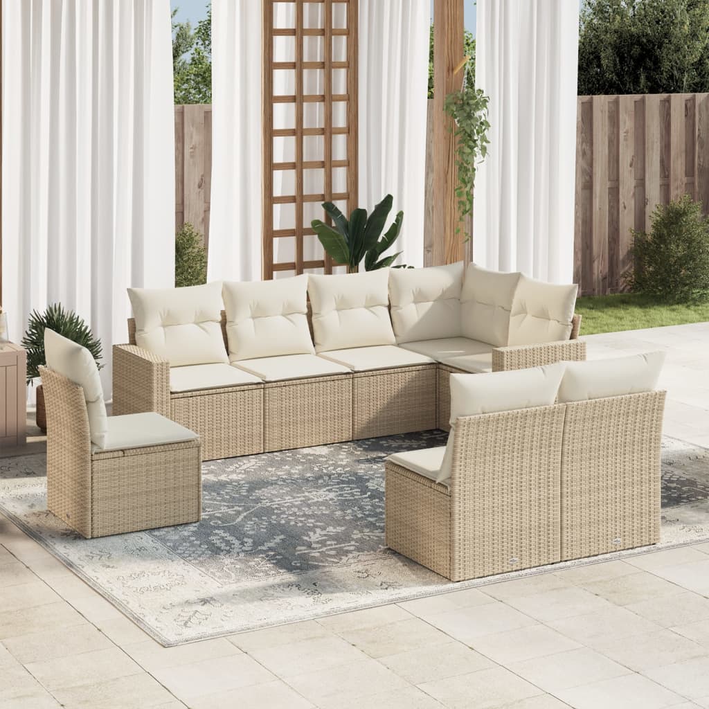 Salon de jardin avec coussins 8 pcs beige résine tressée