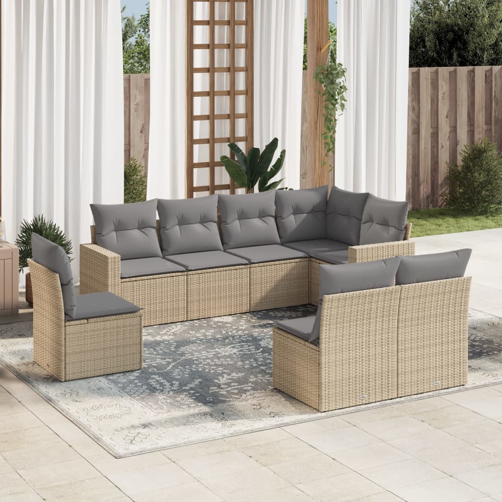 Salon de jardin avec coussins 8 pcs beige résine tressée