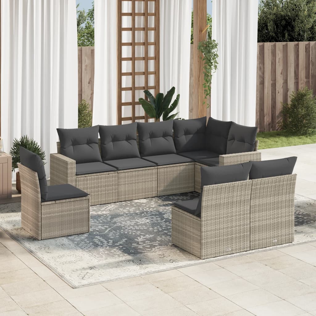 Salon de jardin 8 pcs avec coussins gris clair résine tressée