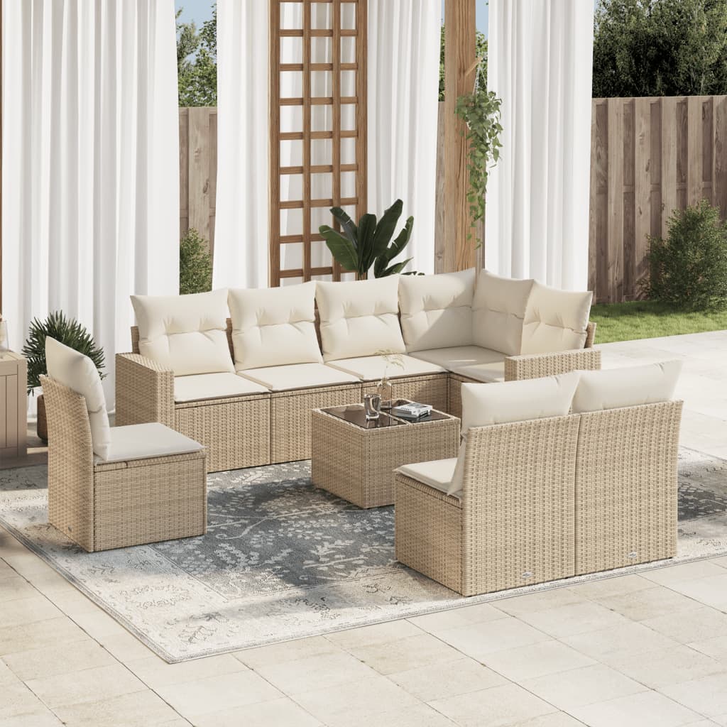 Salon de jardin avec coussins 9 pcs beige résine tressée