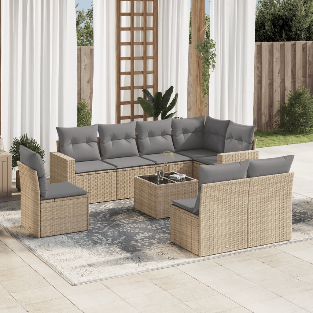 Salon de jardin avec coussins 9 pcs beige résine tressée