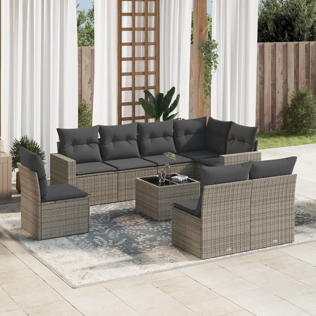 Salon de jardin 9 pcs avec coussins gris résine tressée