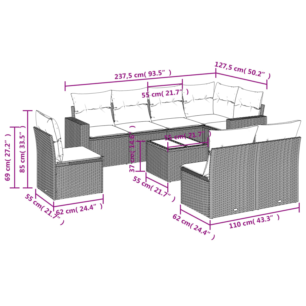 Salon de jardin avec coussins 9 pcs marron résine tressée