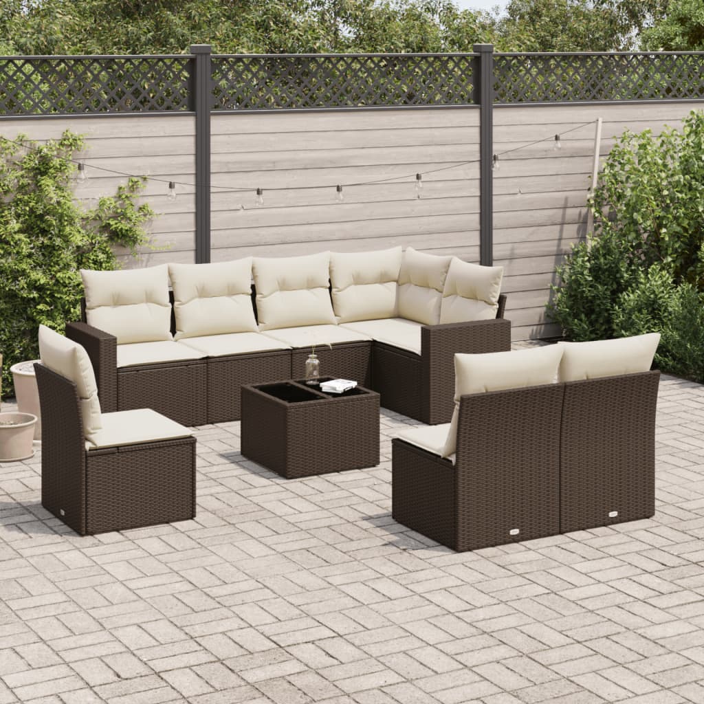 Salon de jardin avec coussins 9 pcs marron résine tressée