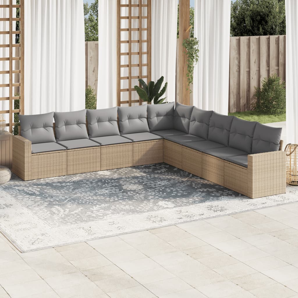 Salon de jardin avec coussins 9 pcs beige résine tressée