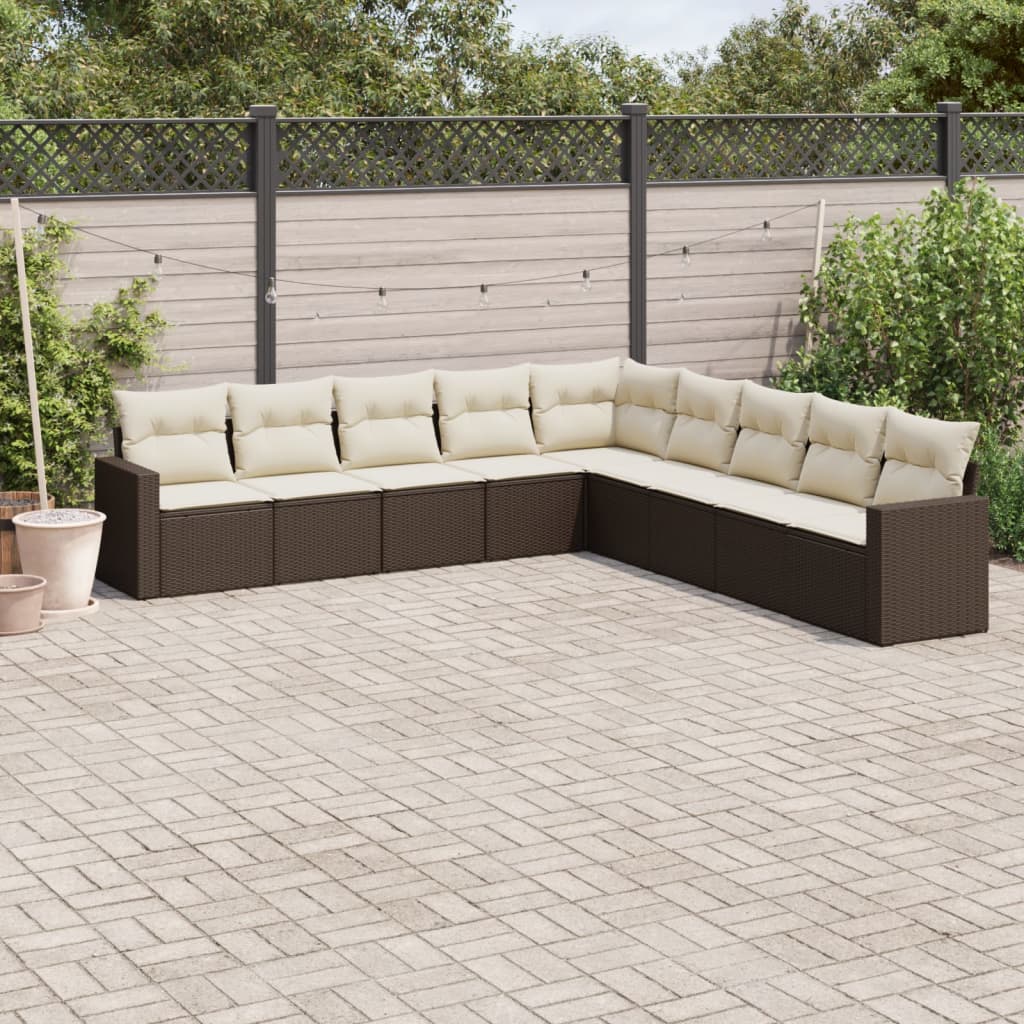 Salon de jardin avec coussins 9 pcs marron résine tressée