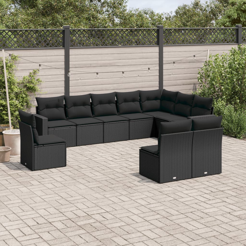 Salon de jardin 10 pcs avec coussins noir résine tressée