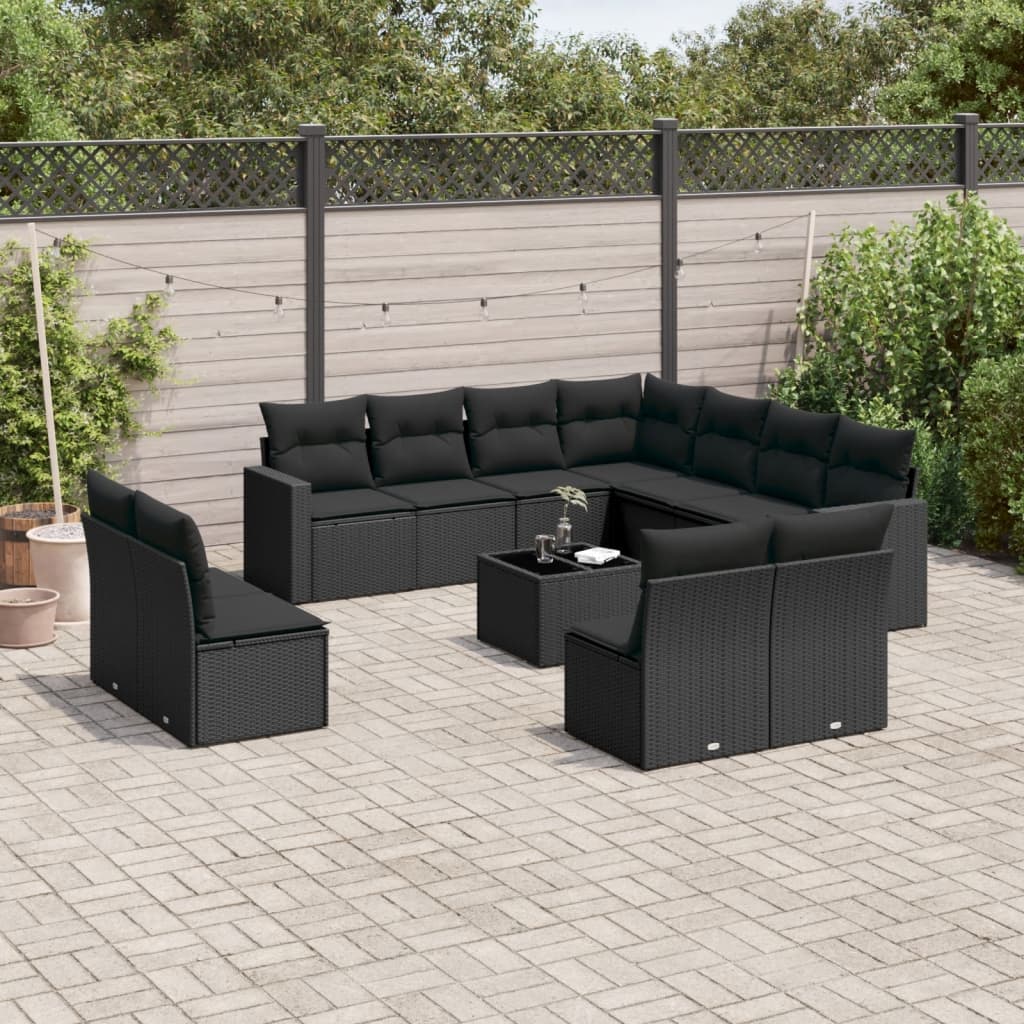 Salon de jardin 12 pcs avec coussins noir résine tressée