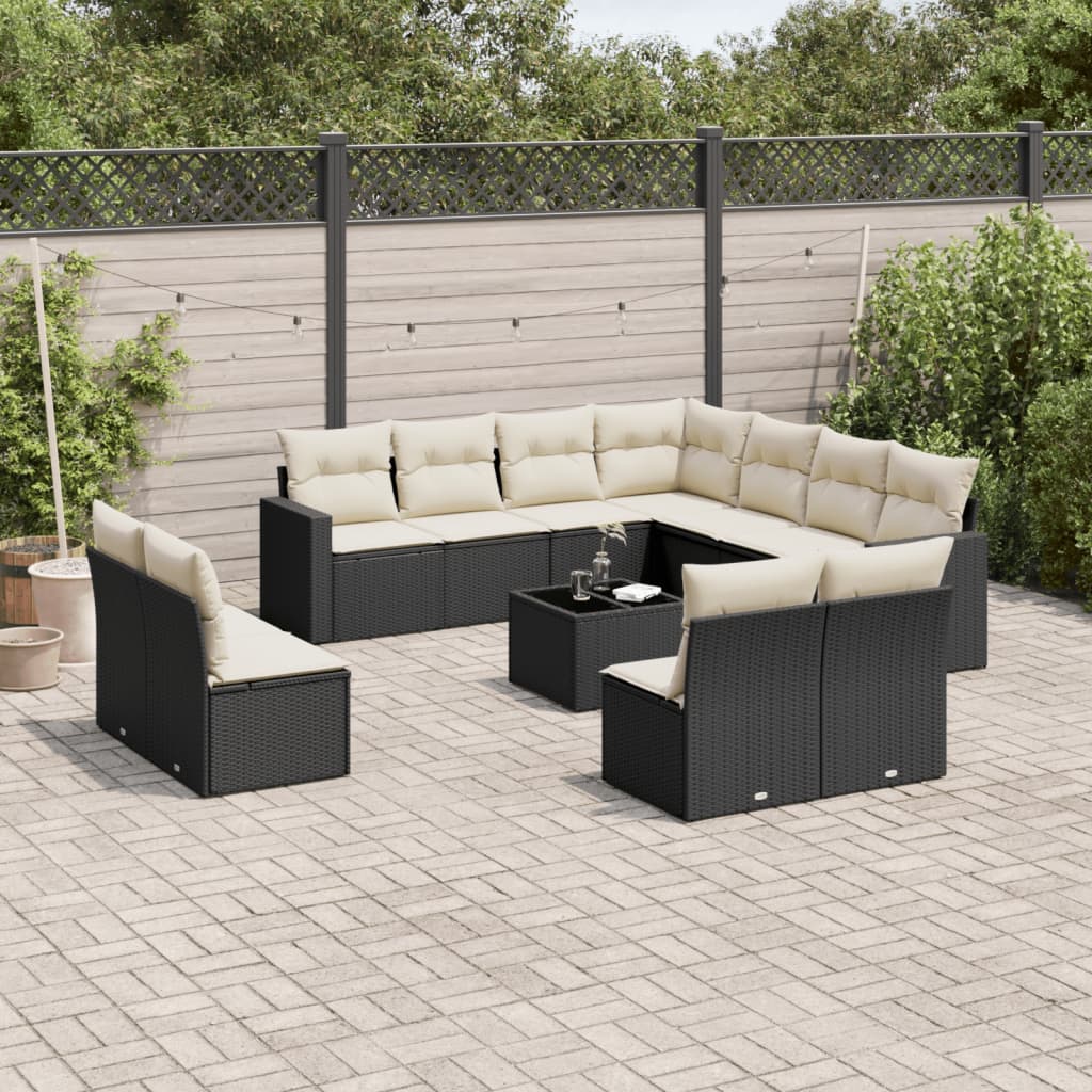 Salon de jardin 12 pcs avec coussins noir résine tressée