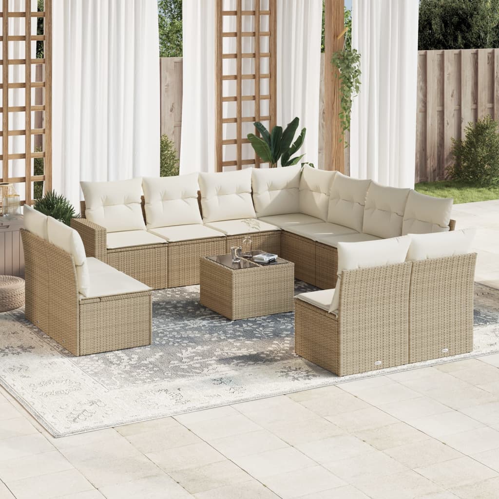 Salon de jardin avec coussins 12 pcs beige résine tressée