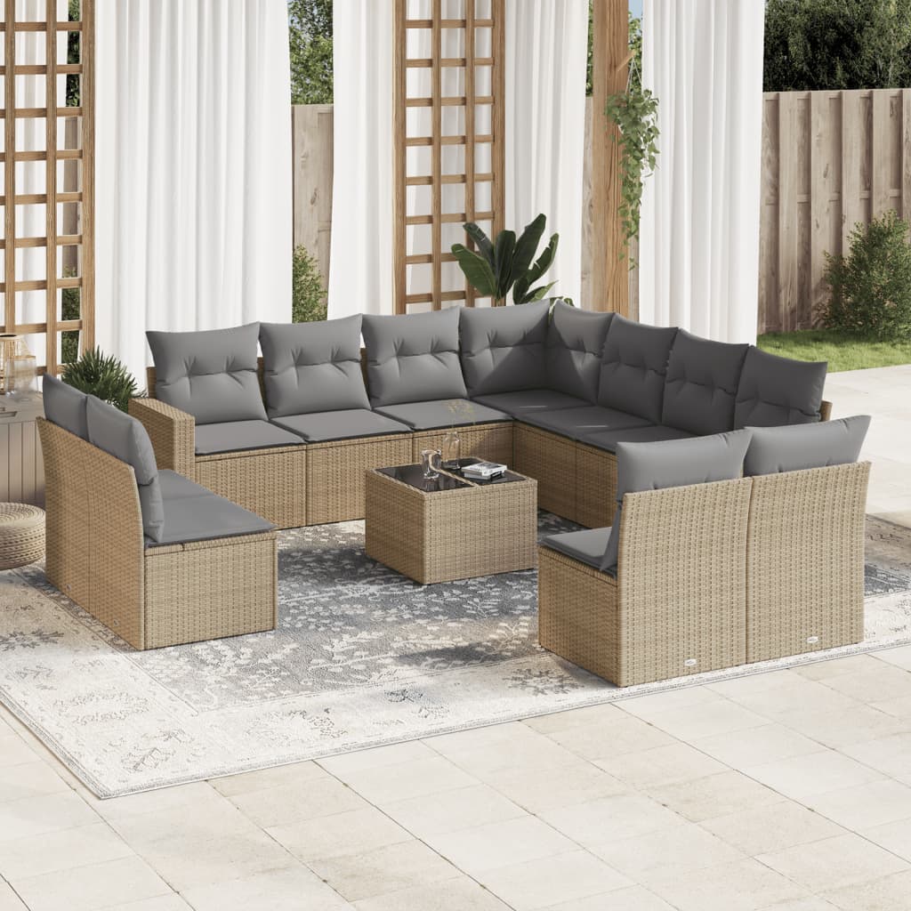 Salon de jardin avec coussins 12 pcs beige résine tressée