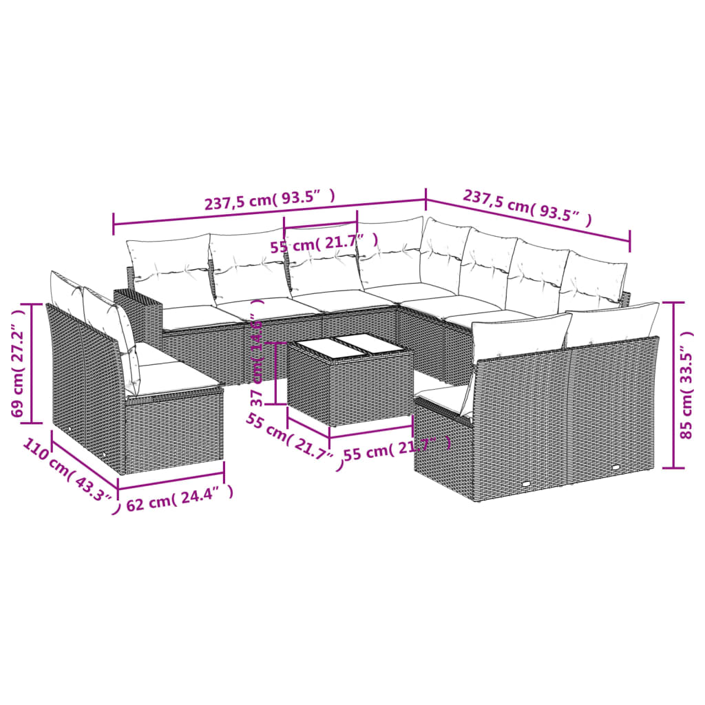 Salon de jardin avec coussins 12 pcs gris résine tressée