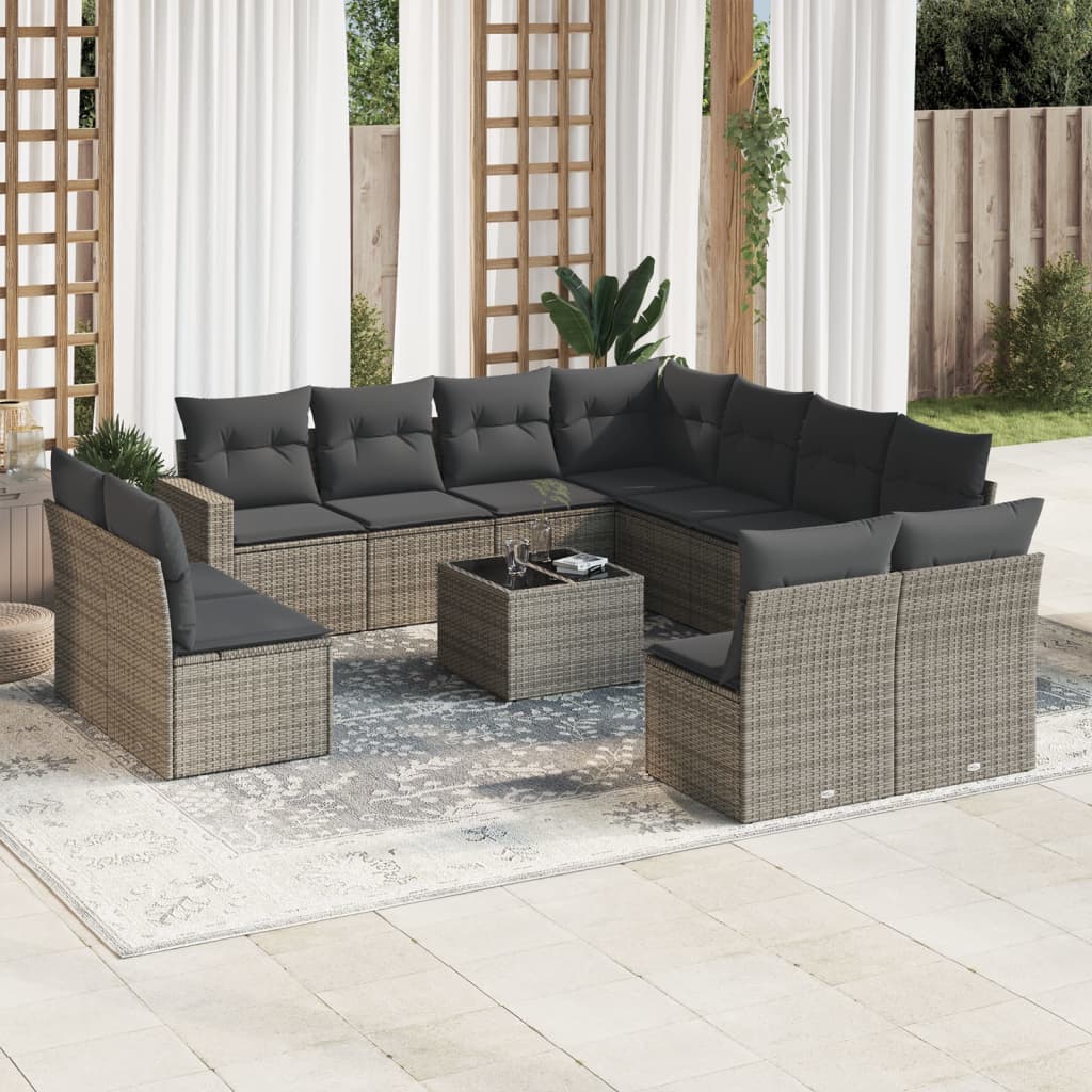 Salon de jardin avec coussins 12 pcs gris résine tressée