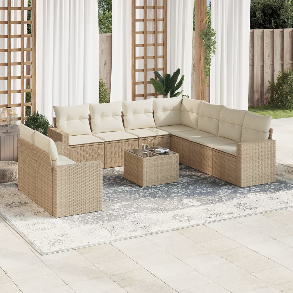 Salon de jardin avec coussins 10 pcs beige résine tressée