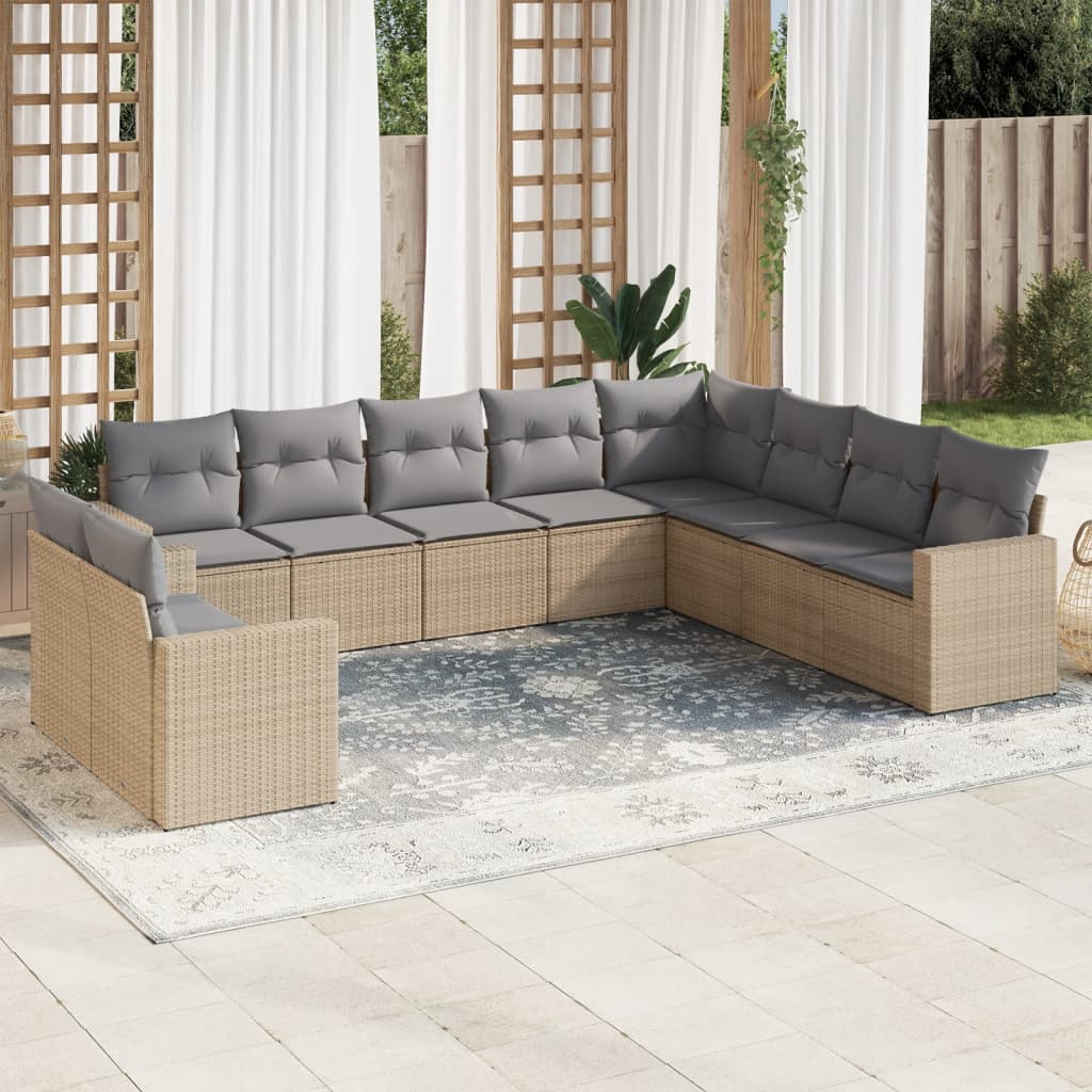 Salon de jardin avec coussins 10 pcs beige résine tressée