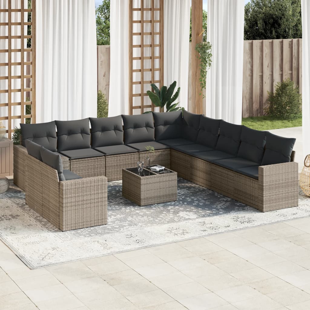 Salon de jardin avec coussins 12 pcs gris résine tressée