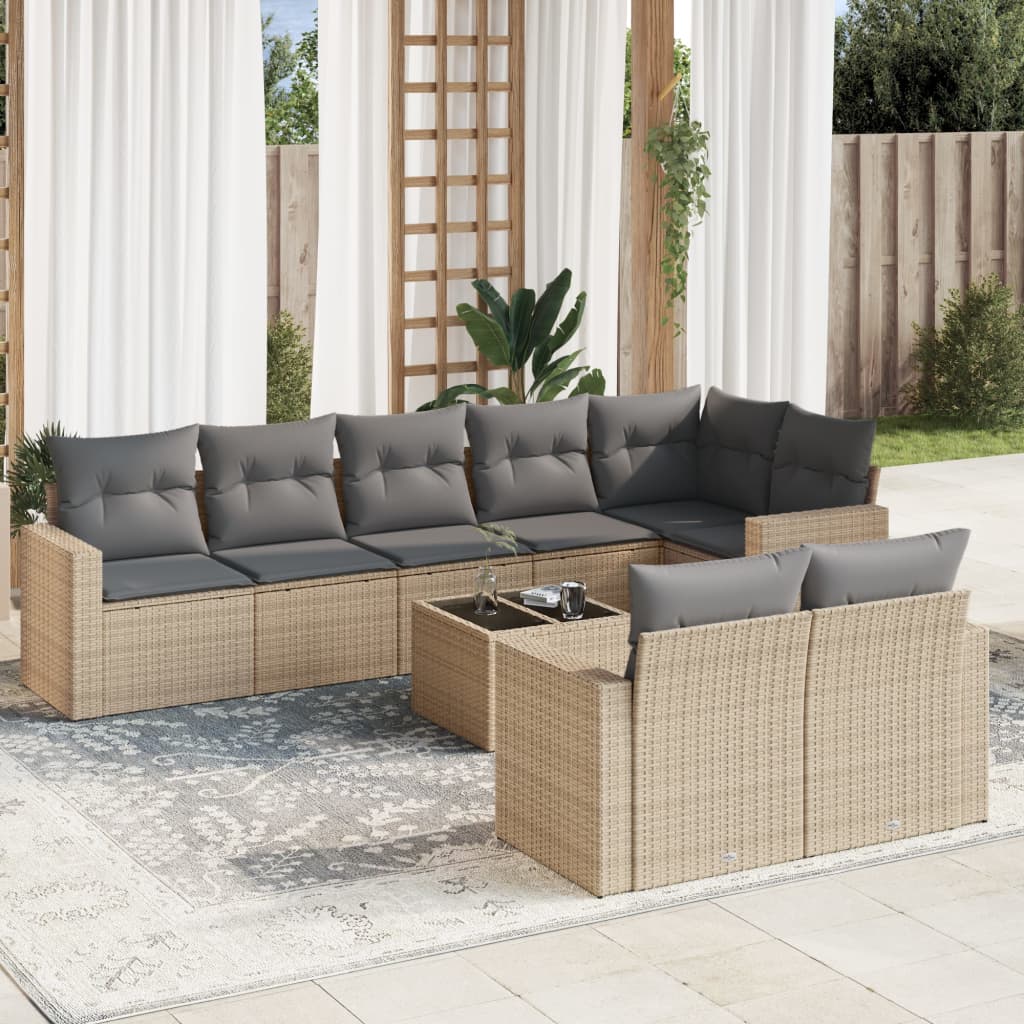 Salon de jardin avec coussins 9 pcs beige résine tressée