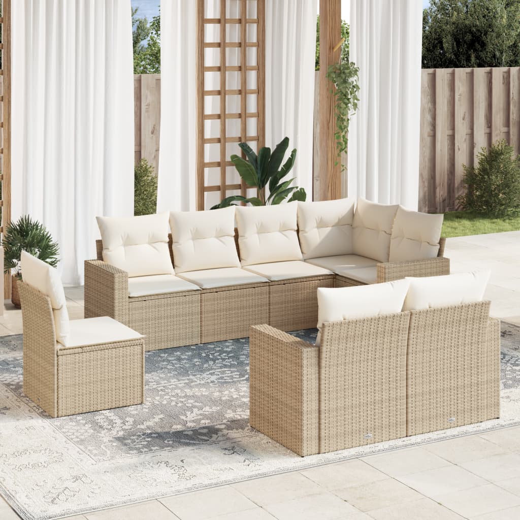 Salon de jardin avec coussins 8 pcs beige résine tressée