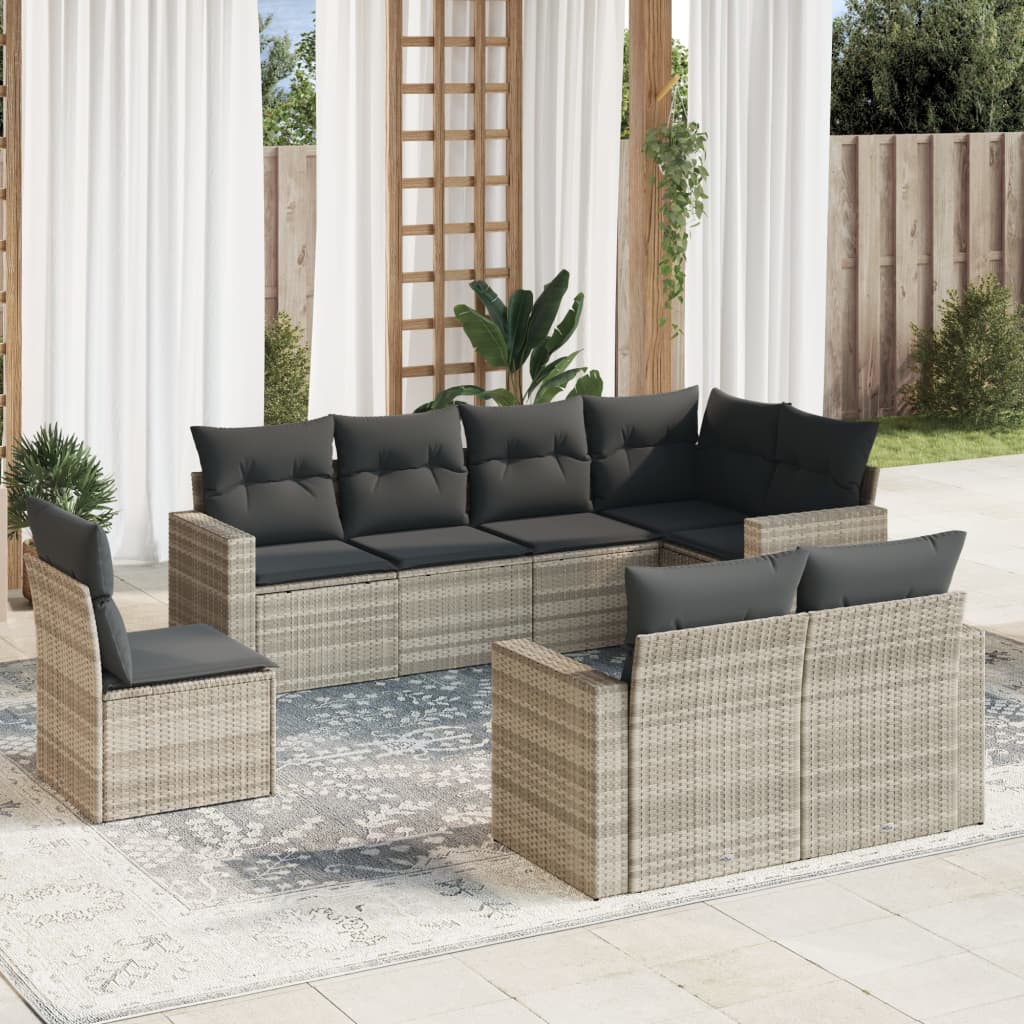 Salon de jardin 8 pcs avec coussins gris clair résine tressée