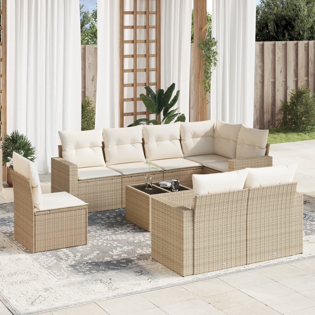 Salon de jardin avec coussins 9 pcs beige résine tressée