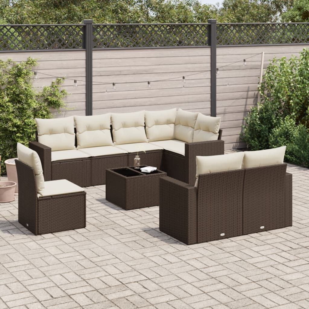 Garden furniture set with cushions 9 pcs brown wicker resin