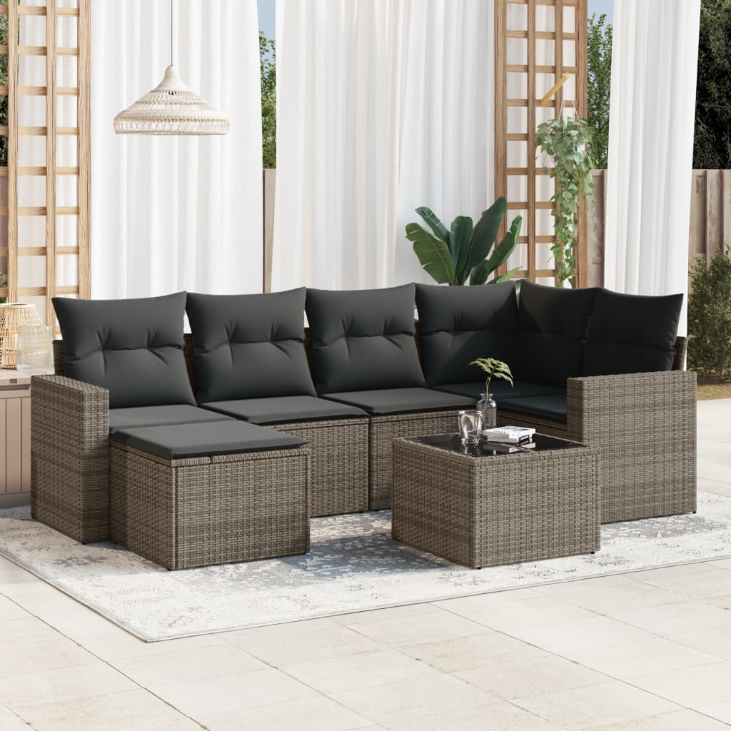 Salon de jardin avec coussins 7 pcs gris résine tressée